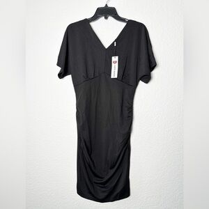 NWT Kate Kasin Women V Neck Gathered Midi Black Short Sleeve Dress